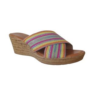 Italian Shoemakers Rainbow Stripe Sandals 9.5 Brown Slip On Wedge Colorful